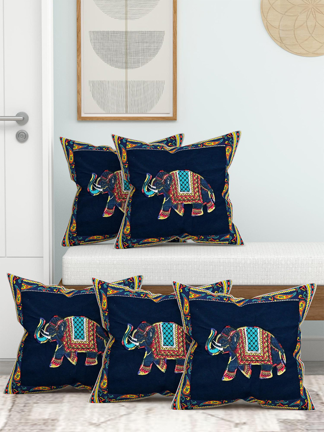 Lali Prints Blue & Yellow Set of 5 Floral Square Cushion Covers