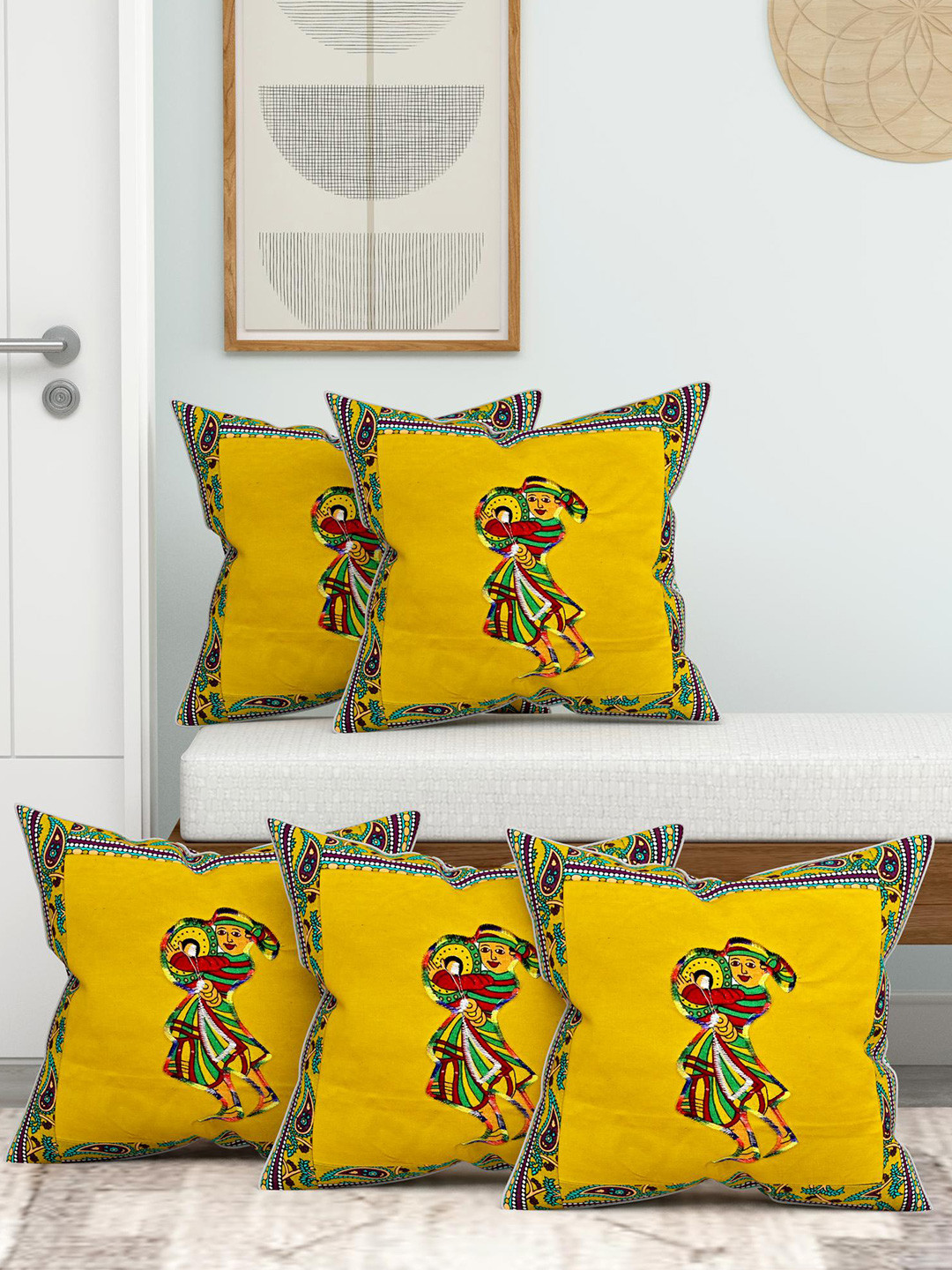 Lali Prints Patch Work Ethnic Motifs Cotton Lightweight 5 Pcs Cushion Covers - 16x16In
