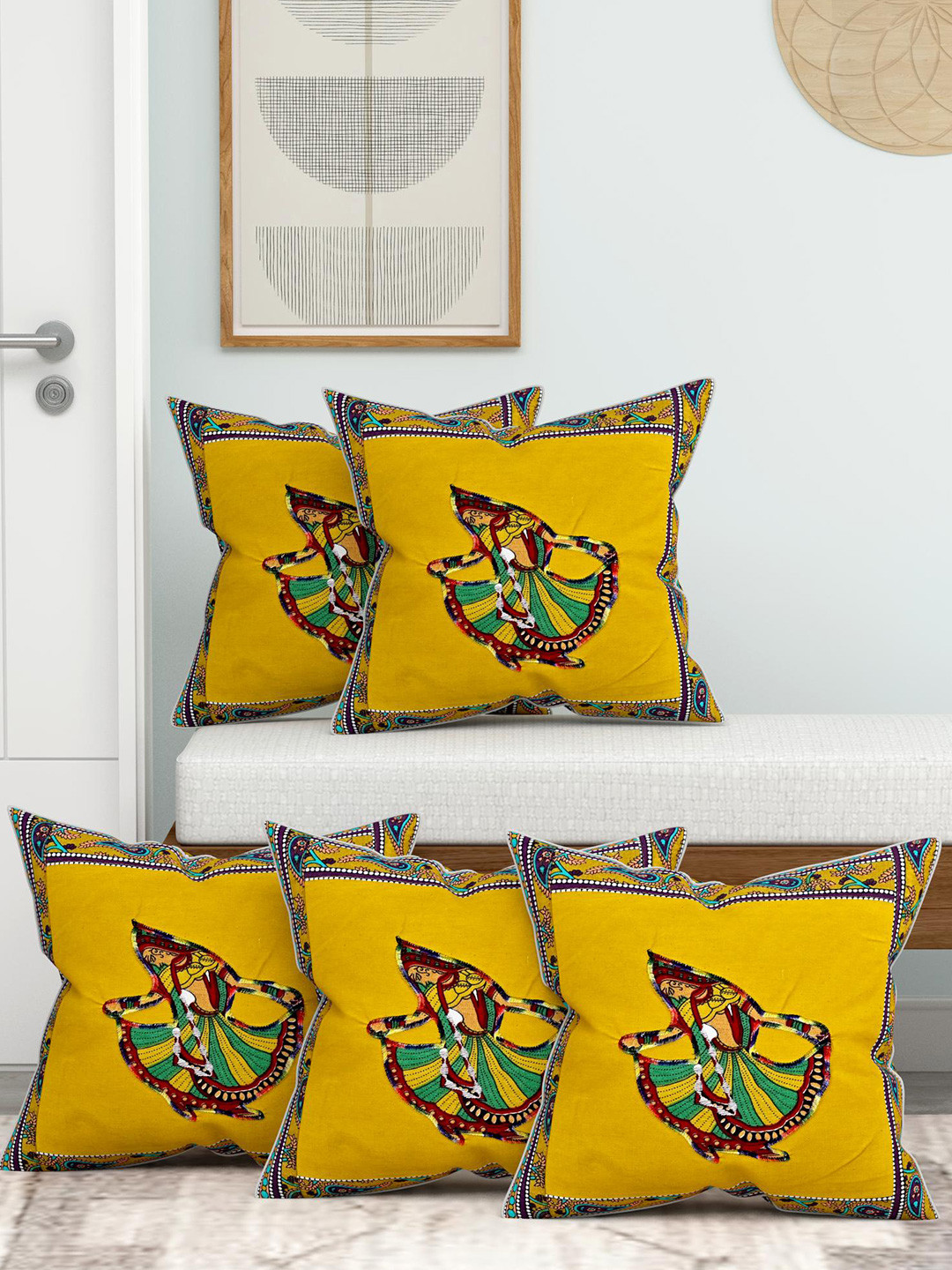 Lali Prints Light-Weight Ethnic Motifs Cotton 5 Pcs Patchwork Cushion Covers -16x16In