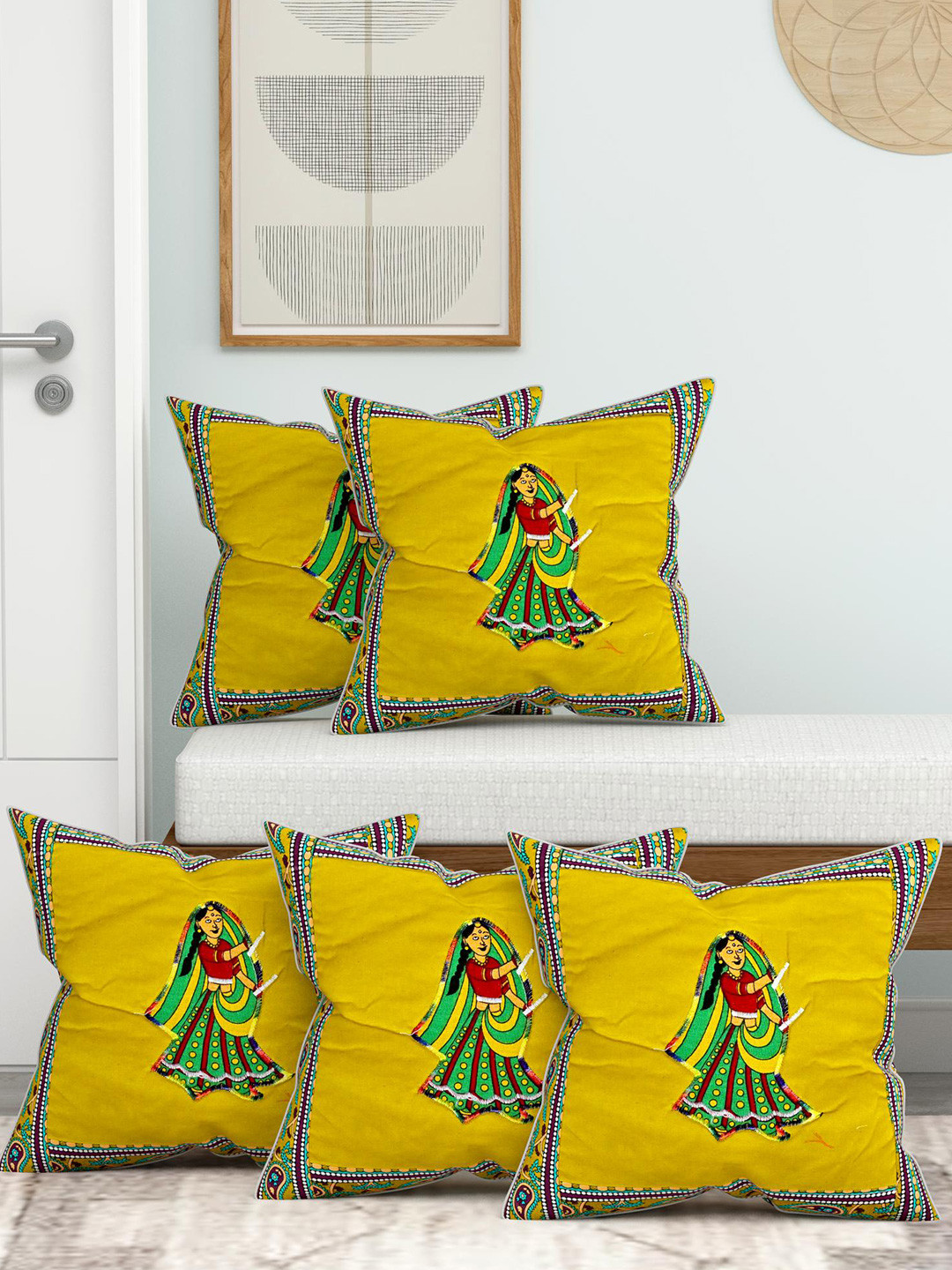 Lali Prints Patch Work Graphic Cotton 5 Pcs Square Cushion Covers - 16 x 16 In