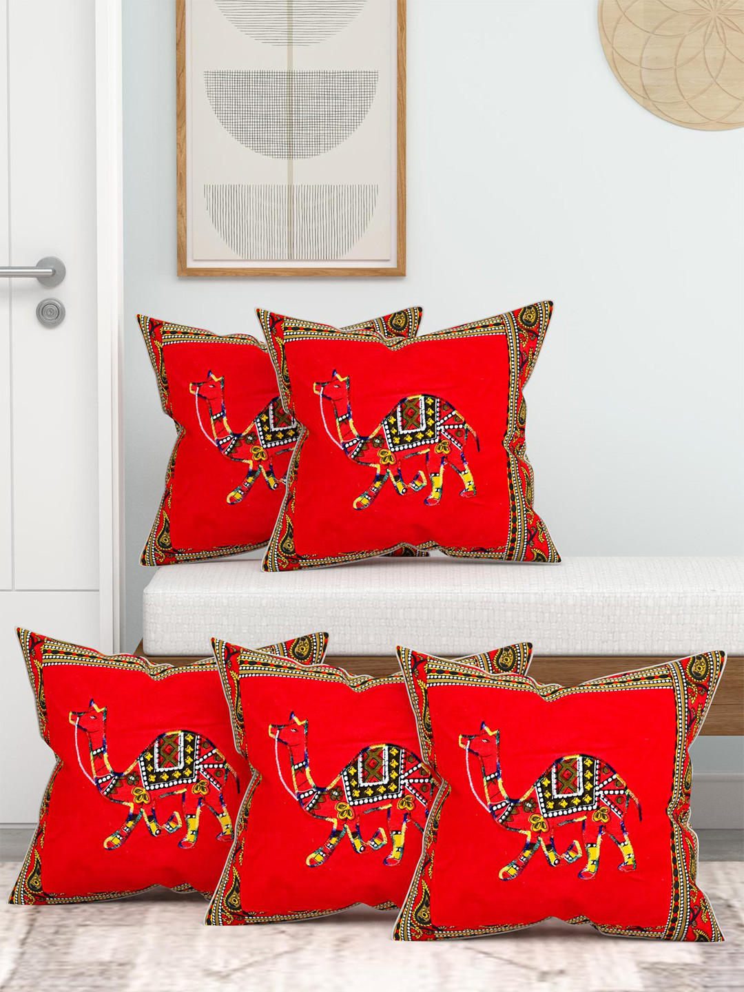 Lali Prints Ligh-Weight Ethnic Motifs Cotton 5 Pcs Patchwork Cushion Covers -16x16In
