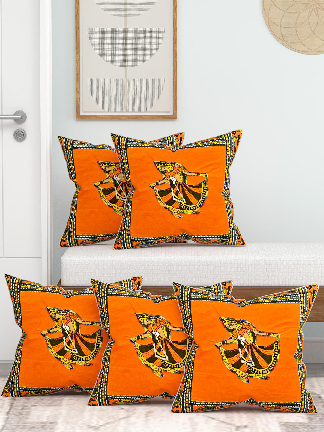 Lali Prints Orange & Black Set of 5 Abstract Square Cushion Covers