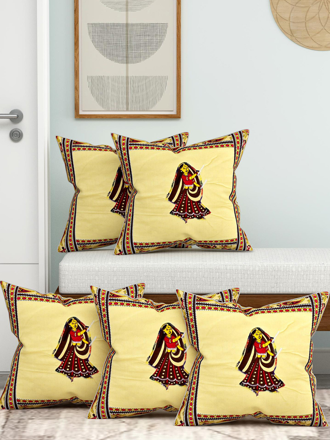 Lali Prints White & Beige Set of 5 Abstract Square Cushion Covers