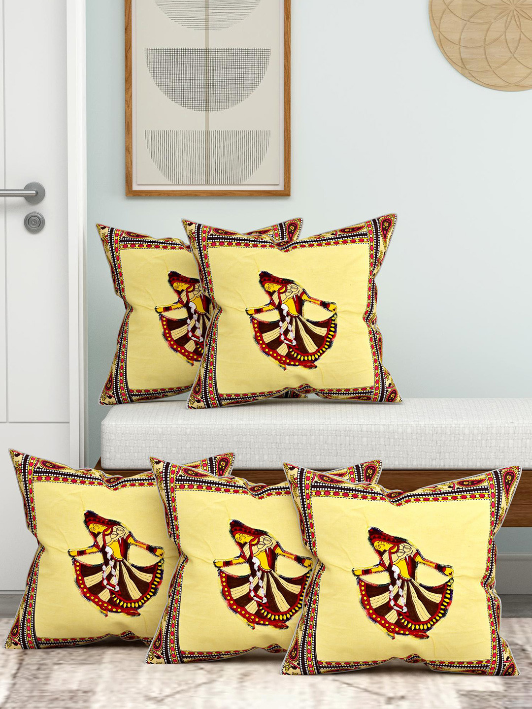 Lali Prints White & Red Set of 5 Ethnic Motifs Square Cushion Covers