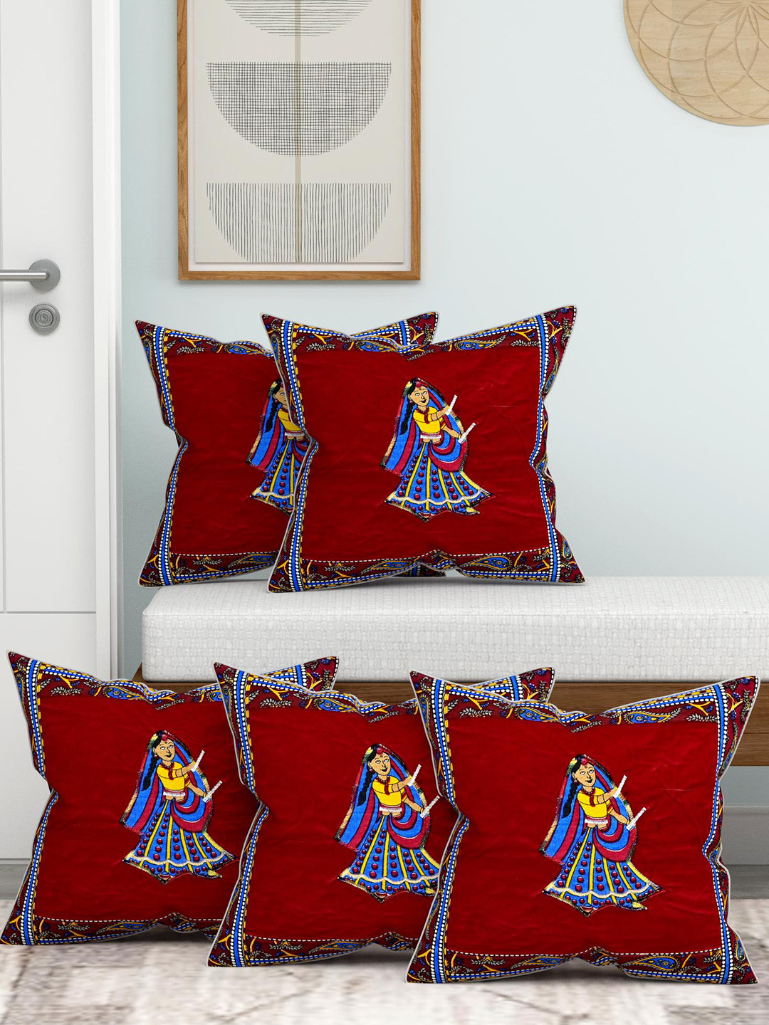 Lali Prints Maroon Cotton Breathable 5 Piece Embroidered Square Cushion Covers -16x16In
