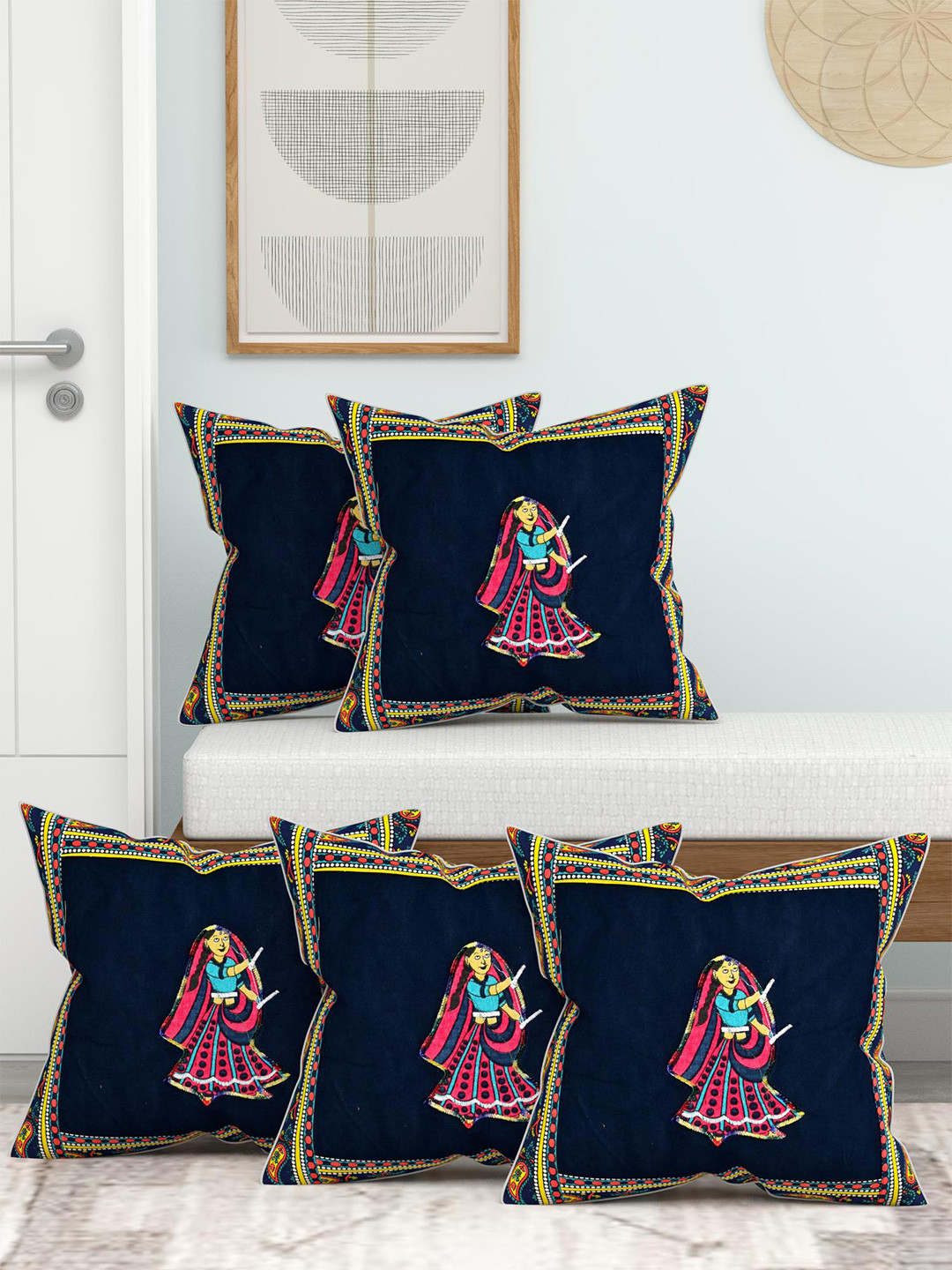 Lali Prints Patch Work Graphic Cotton 5 Pcs Square Cushion Covers - 16 x 16 In