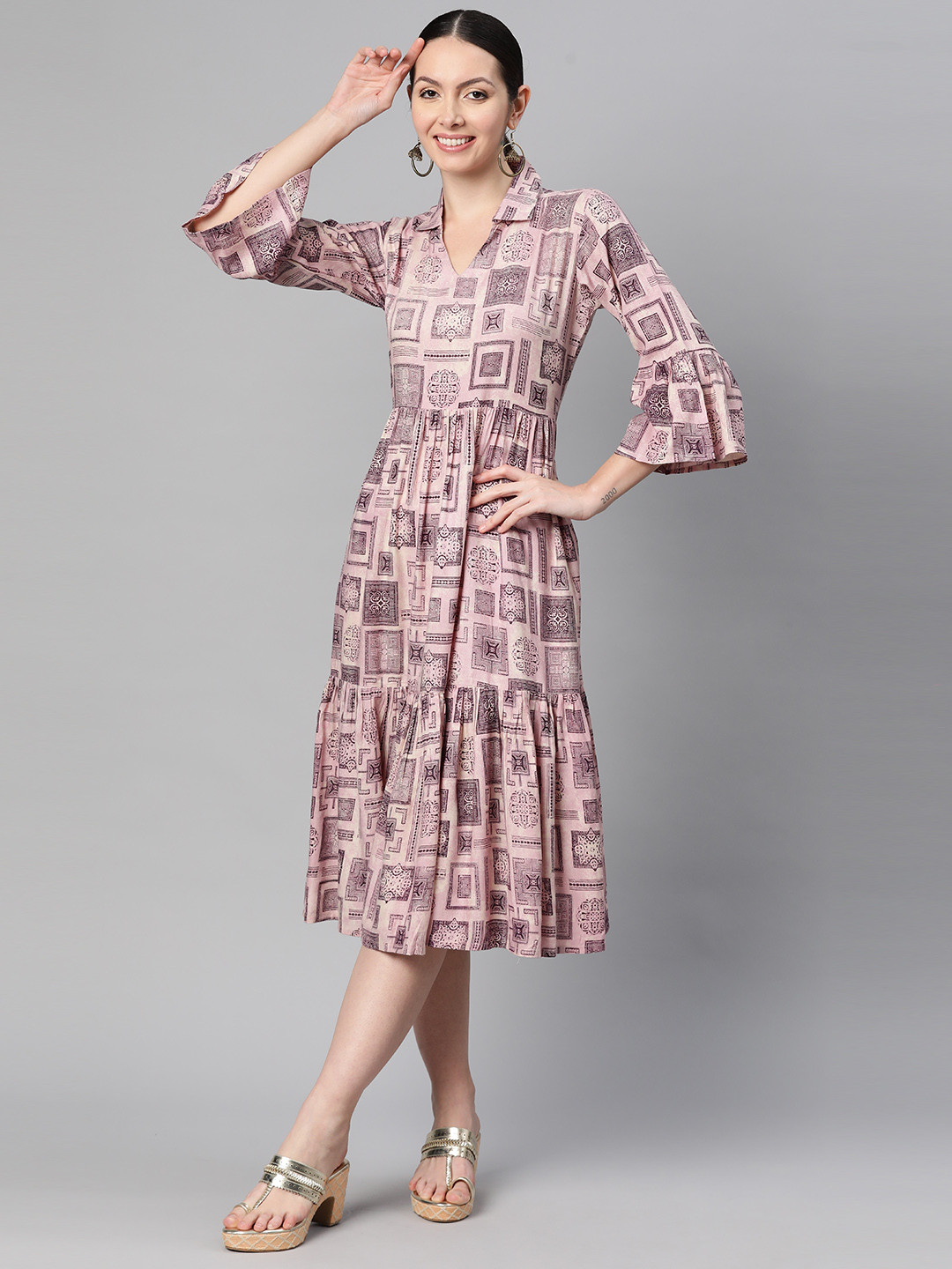 Indibelle Bohemian Print Bell Sleeve A-Line Midi Dress