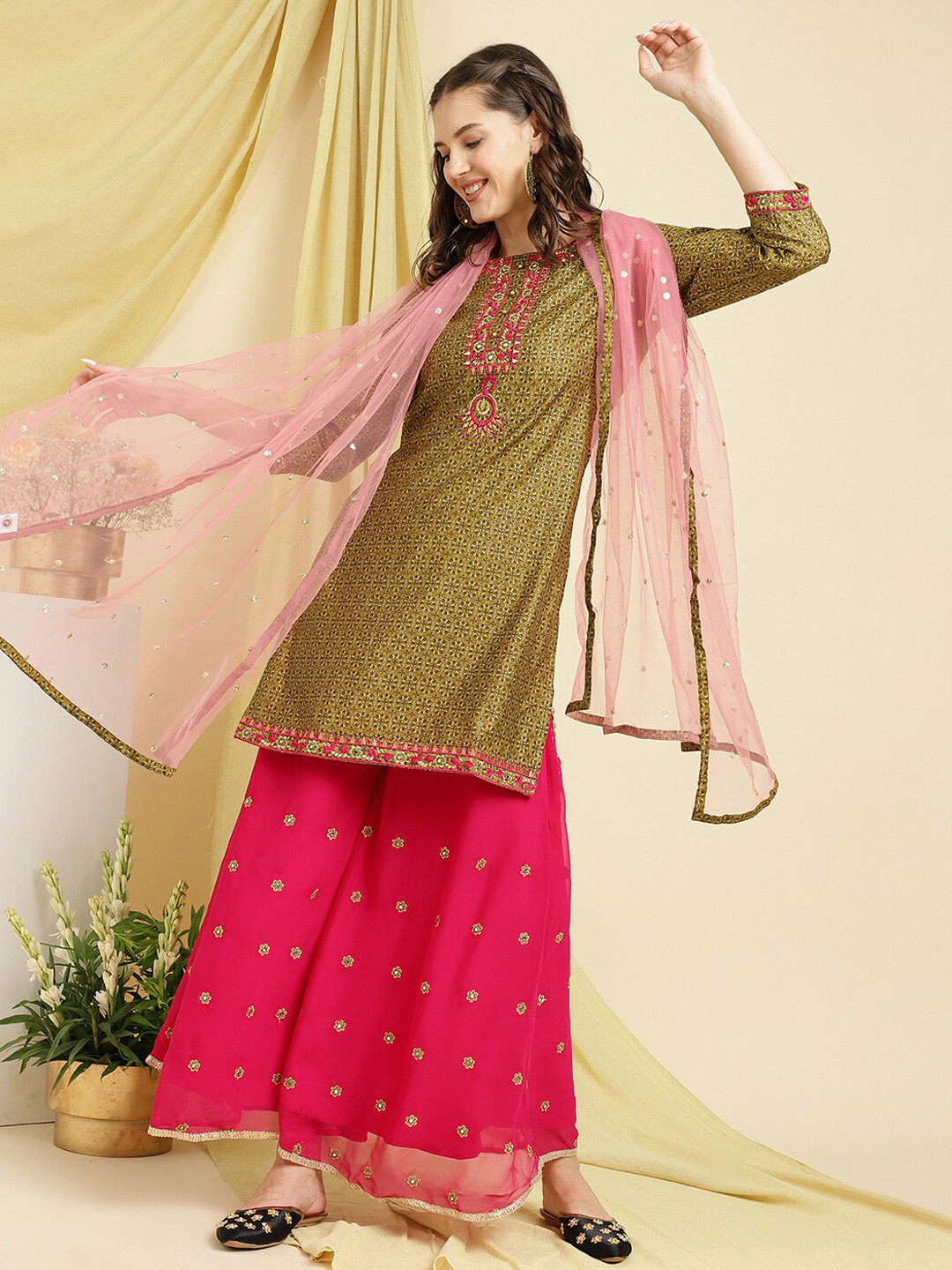 Be Indi Ethnic Motifs Printed Chanderi Silk Kurta Set with Sharara & Dupatta
