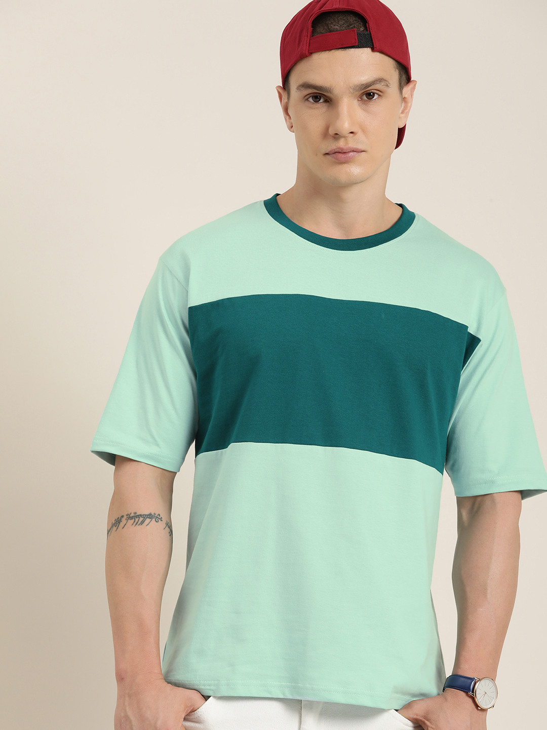 DILLINGER Men Colourblocked Drop-Shoulder Sleeves Oversized Pure Cotton T-shirt
