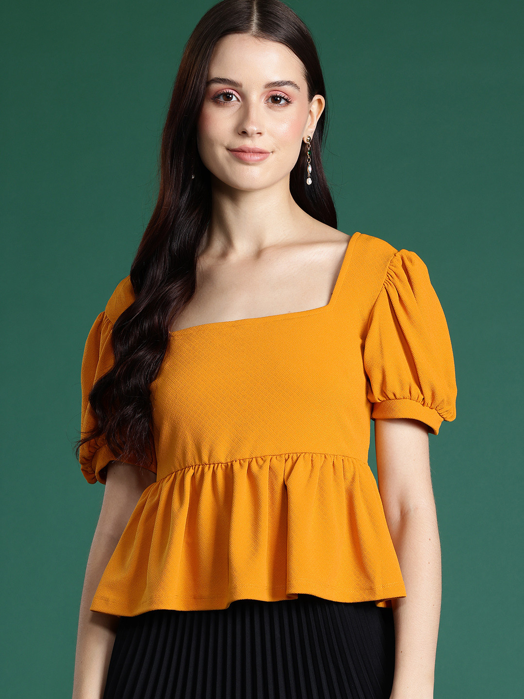 DressBerry Bizwear Puff Sleeves Square Back Peplum Top