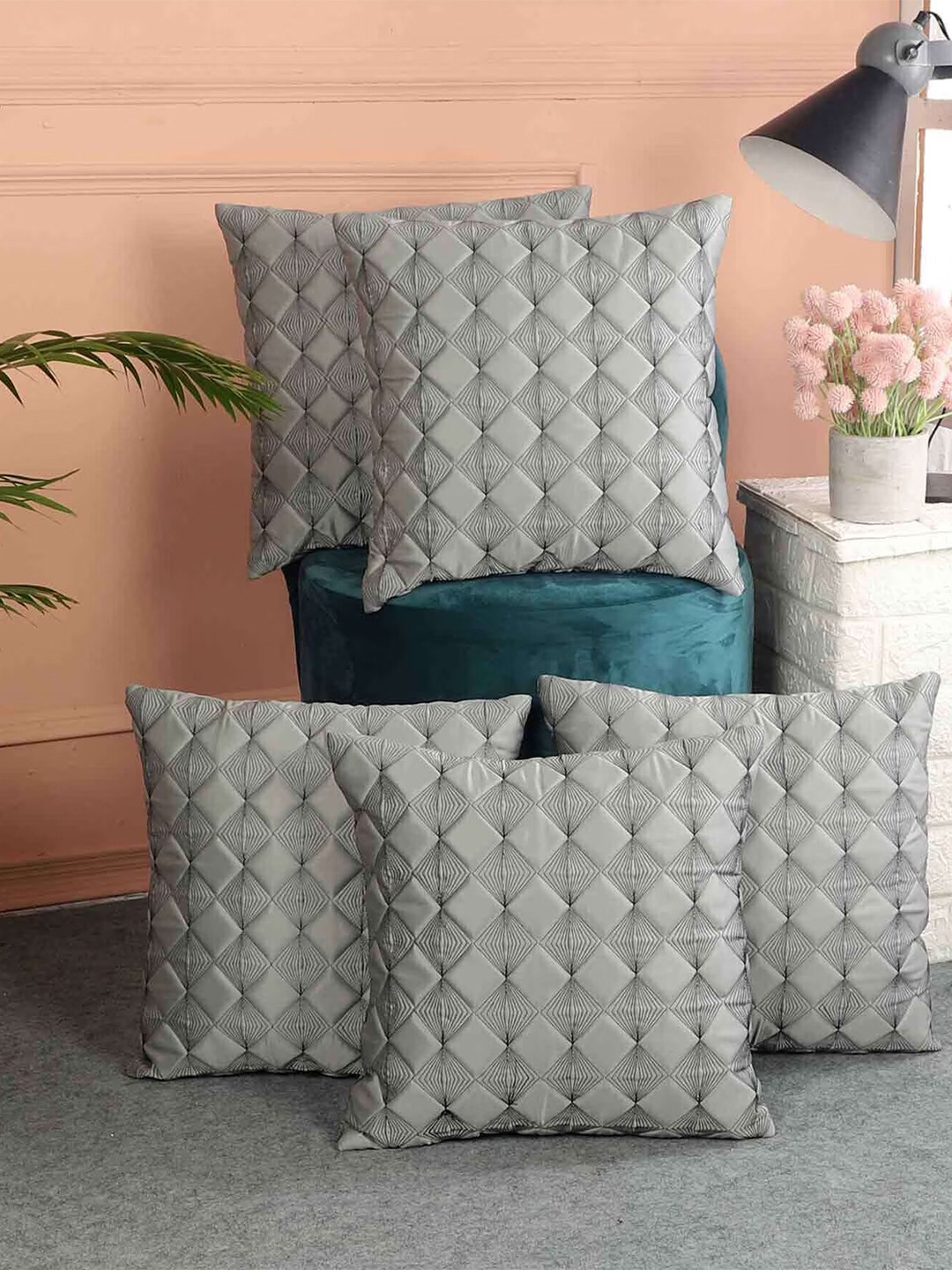 MFD HOME FURNISHING Grey & Black 5 Pieces Embroidered Satin Square Cushion Covers