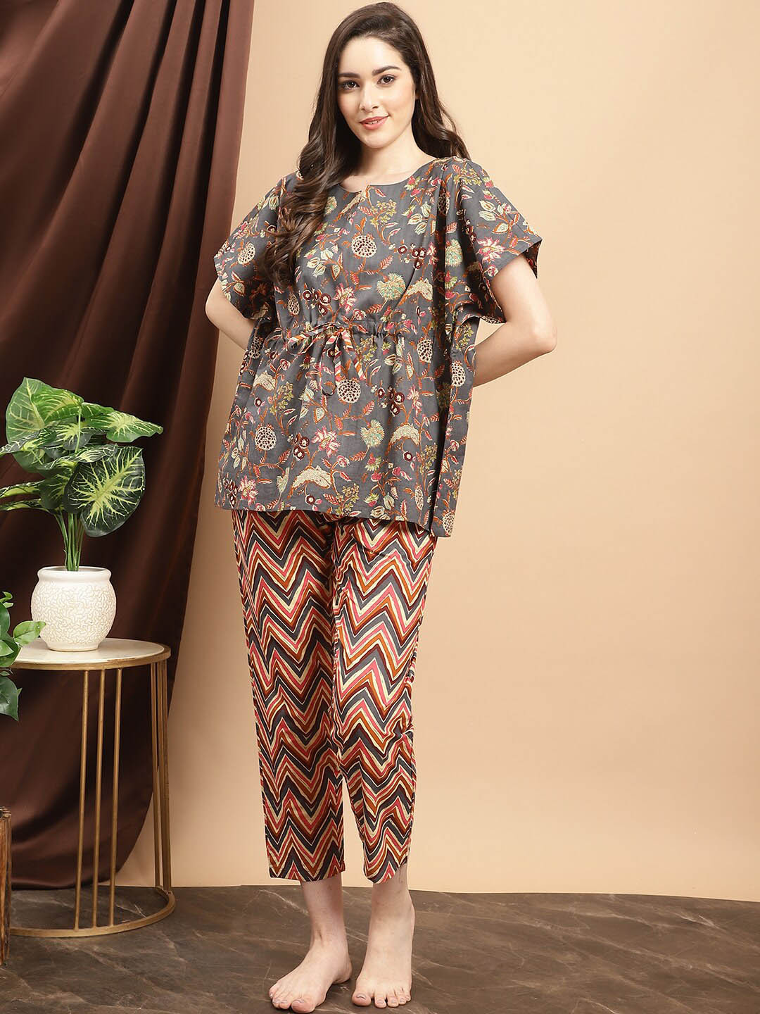 Claura Grey & Orange Floral Printed Pure Cotton Night Suit
