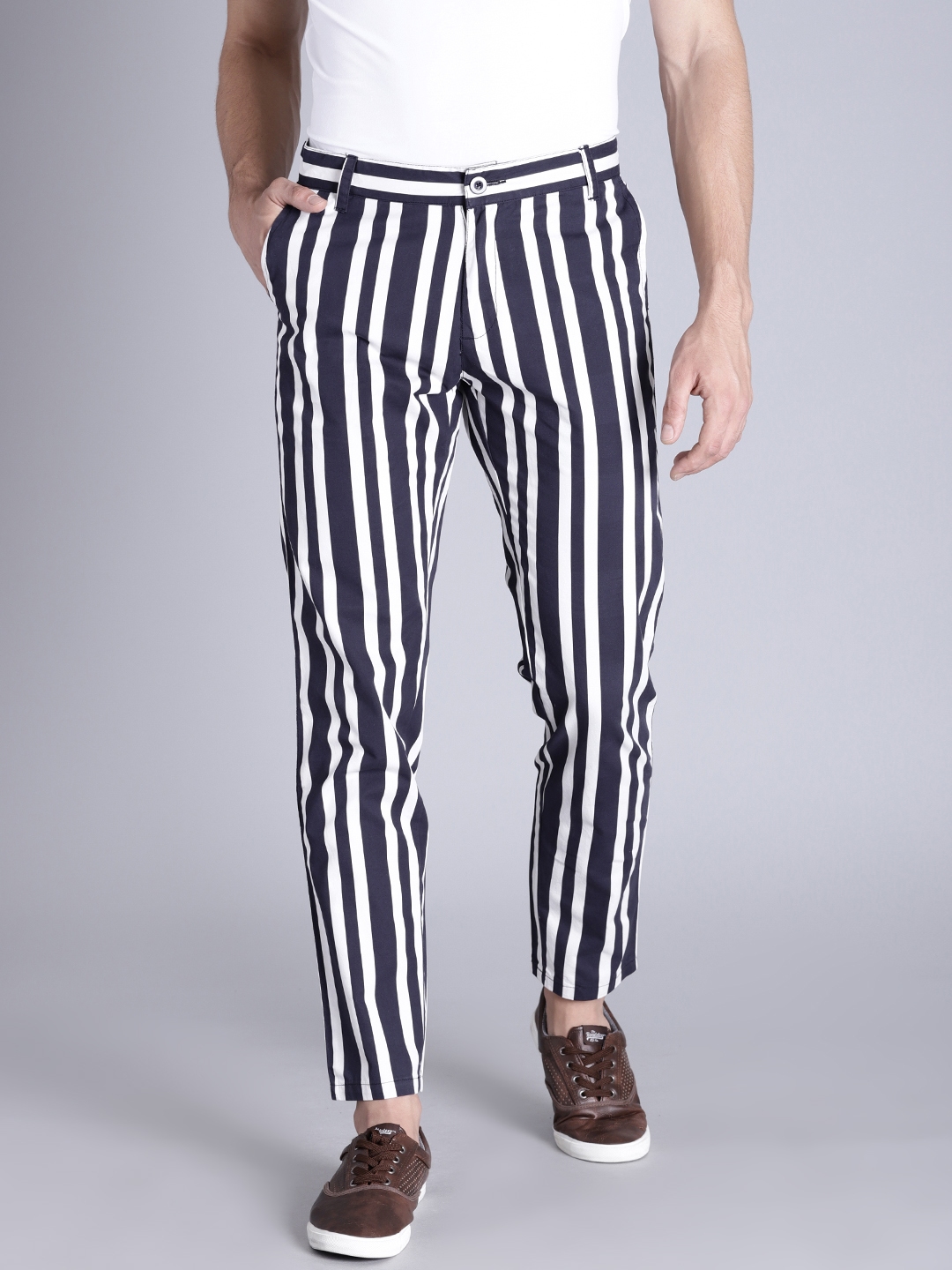 blue and white striped trousers