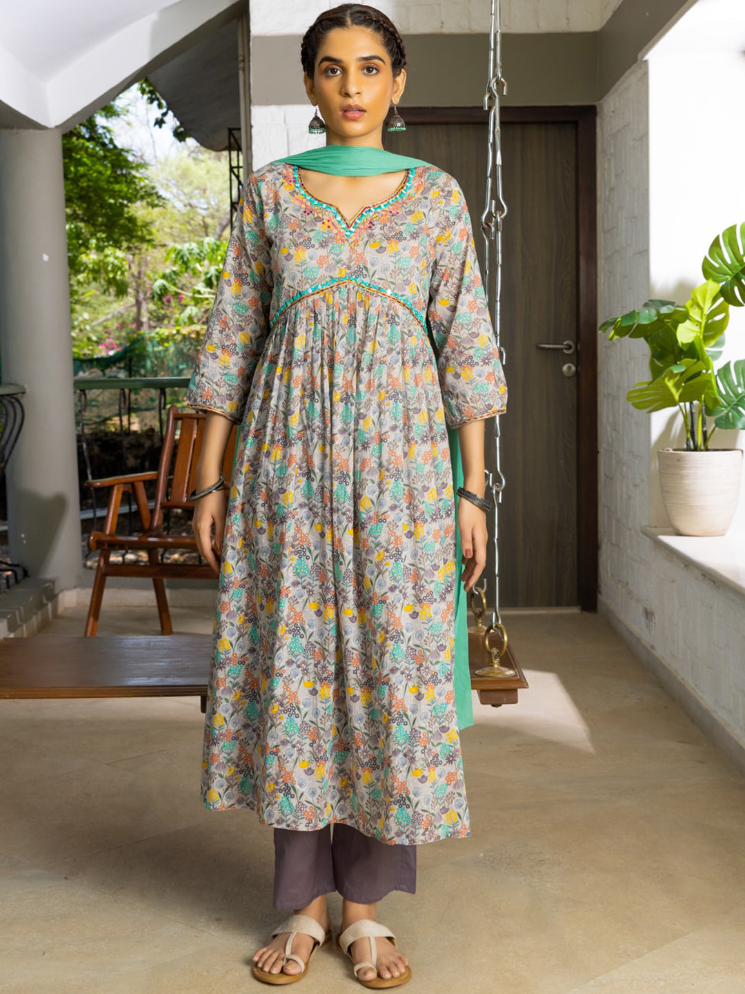 Ishin Floral Printed Linen Anarkali Kurta With Palazzos & With Dupatta