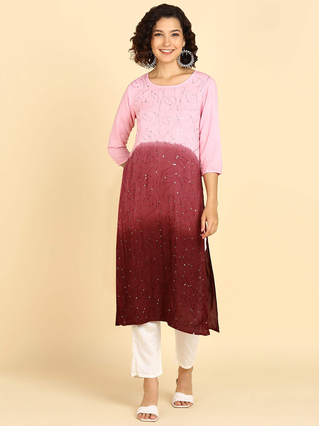 Maaesa Embroidered Maroon Ombre Tie-Dye Sequinned embellished Straight Rayon Flared Kurta