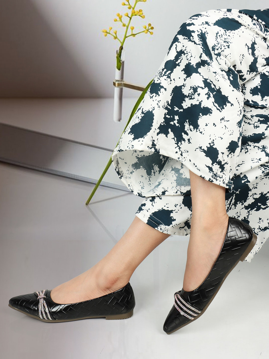 ICONICS Textured Embellished Pointed Toe Ballerinas