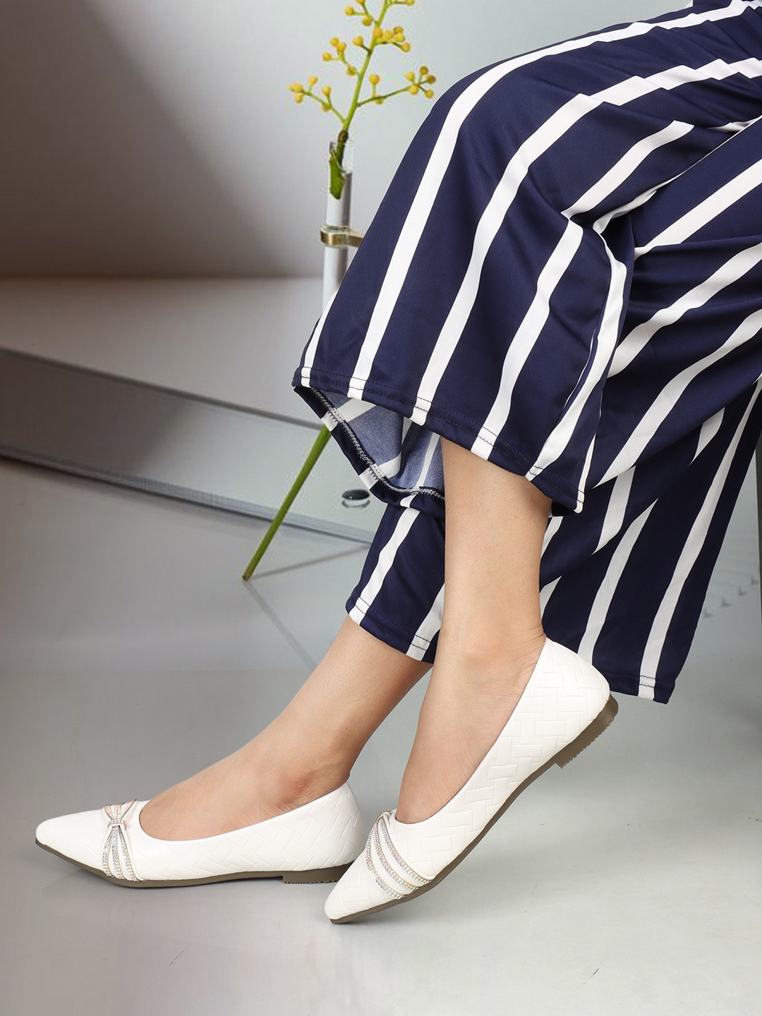 ICONICS Textured Embellished Pointed Toe Ballerinas