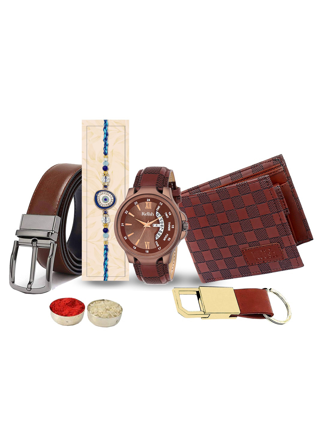 FTRelish Stone-Studded Rakhi With Watch & Wallet & Cardholder WithHamperGift Box