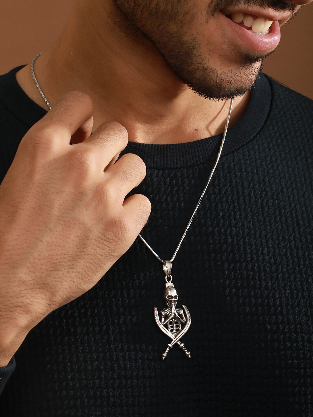 Priyaasi Men Silver-Plated Sworded Skeleton Pendant Chain