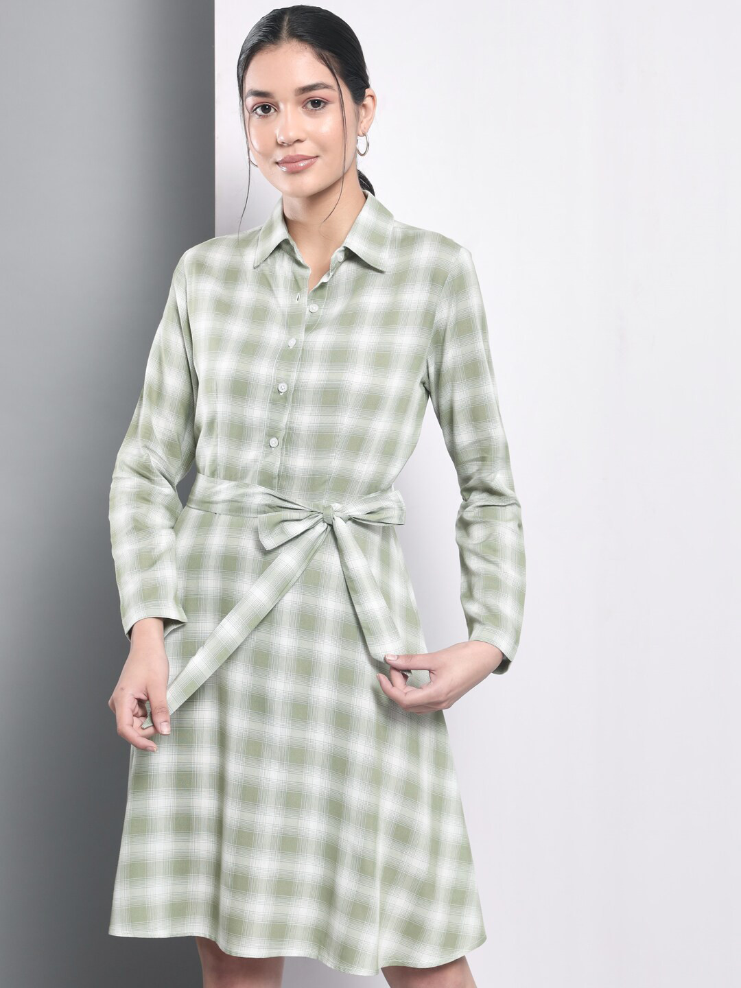 Trend Arrest Checked Shirt Collar A-Line Dress