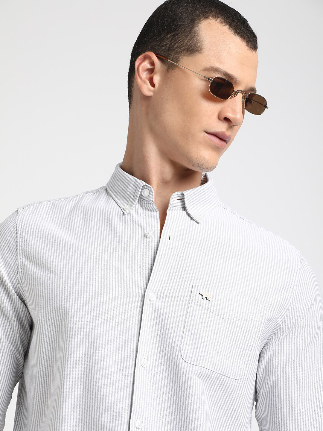 THE BEAR HOUSE Button-Down Collar Slim Fit Striped Casual Pure Cotton Shirt