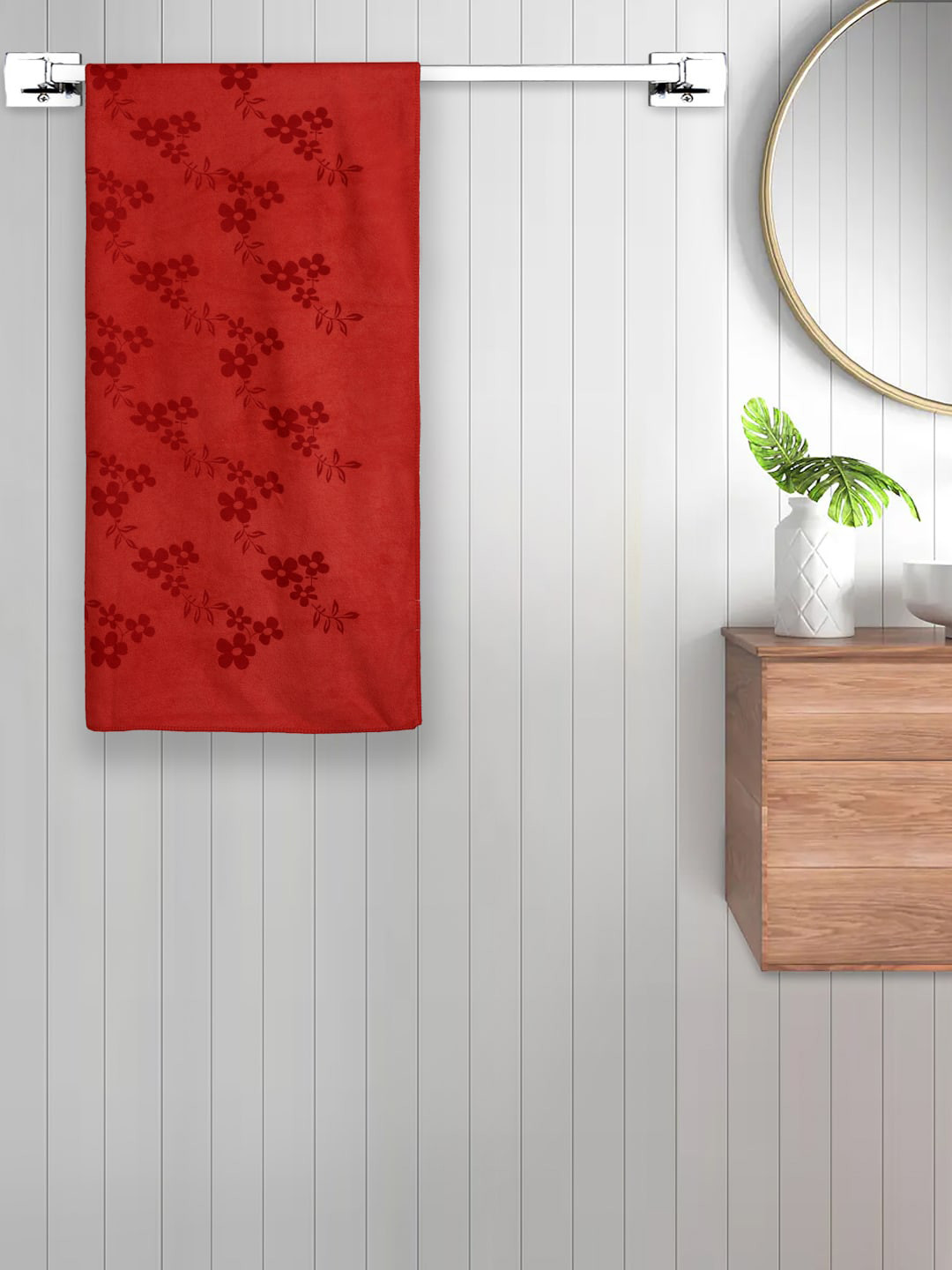 FABINALIV Red Floral Printed 420 GSM Cotton Bath Towel