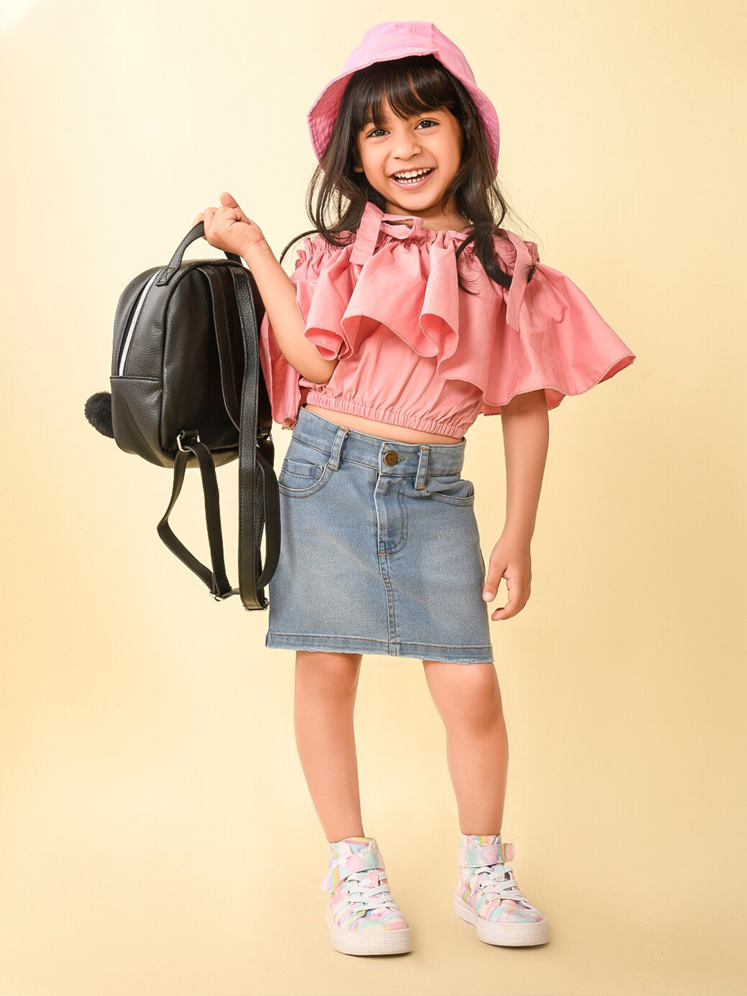 LilPicks Girls Cold-Shoulder Cotton Frilled Crop Top