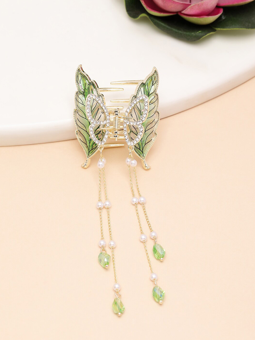 PANASH Gold-Plated CZ-Stone Studded Leaf Shaped Claw Clip