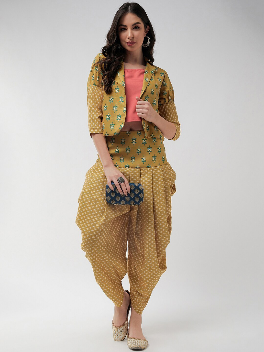 Pannkh Printed Leg 'O' Mutton Sleeves Jacket With Top & Dhoti Pant Co-Ords