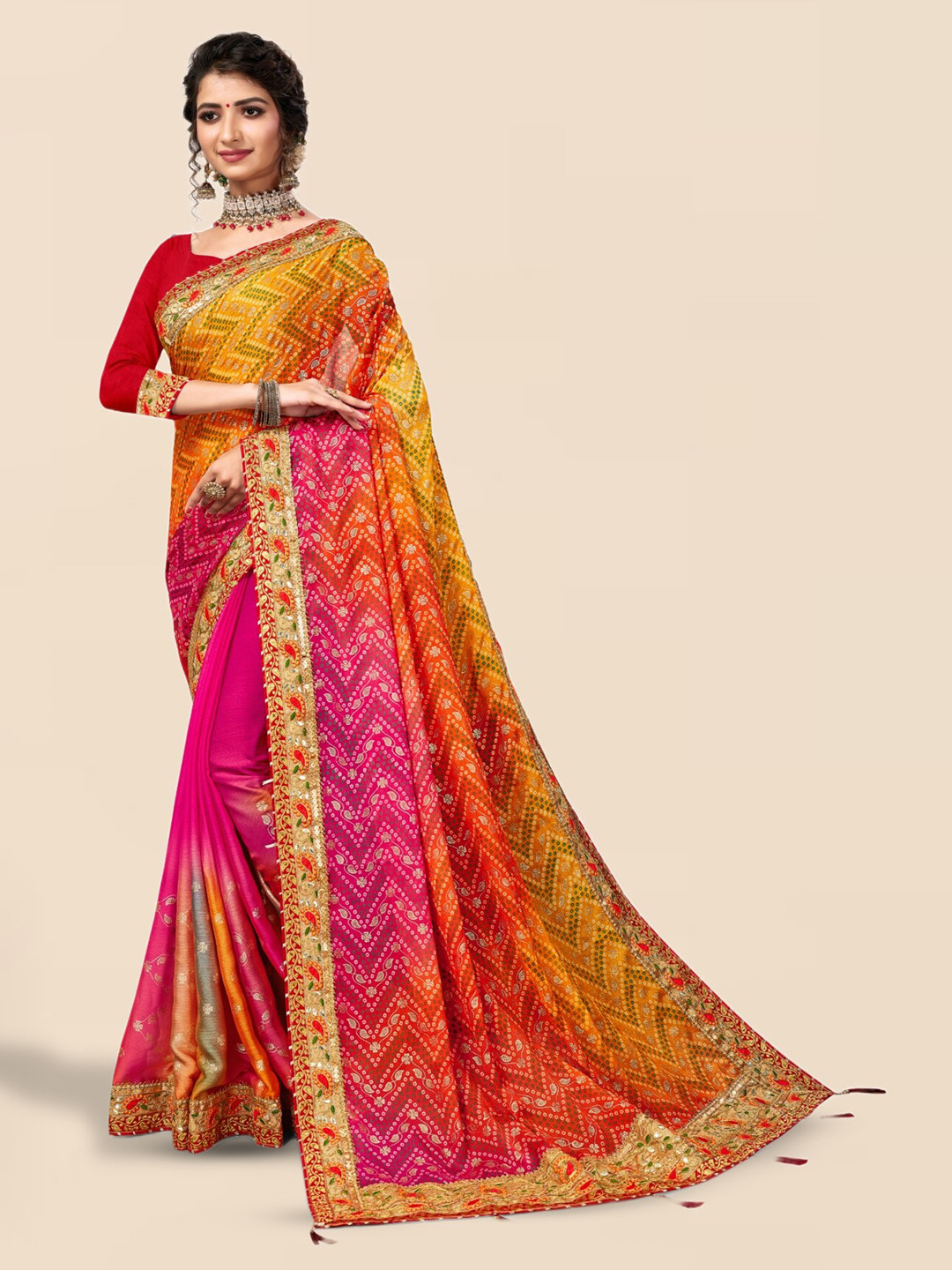 Mitera Pink & Yellow Bandhani Printed Embroidered Border Saree