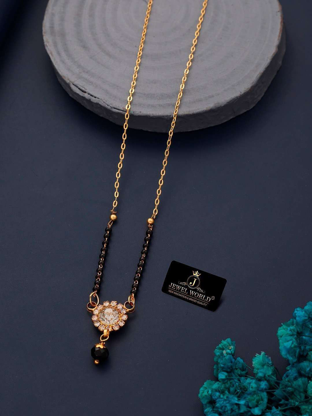 JEWEL WORLD Set Of 3 Gold-Plated White Stone-Studded & Black Beaded Mangalsutra