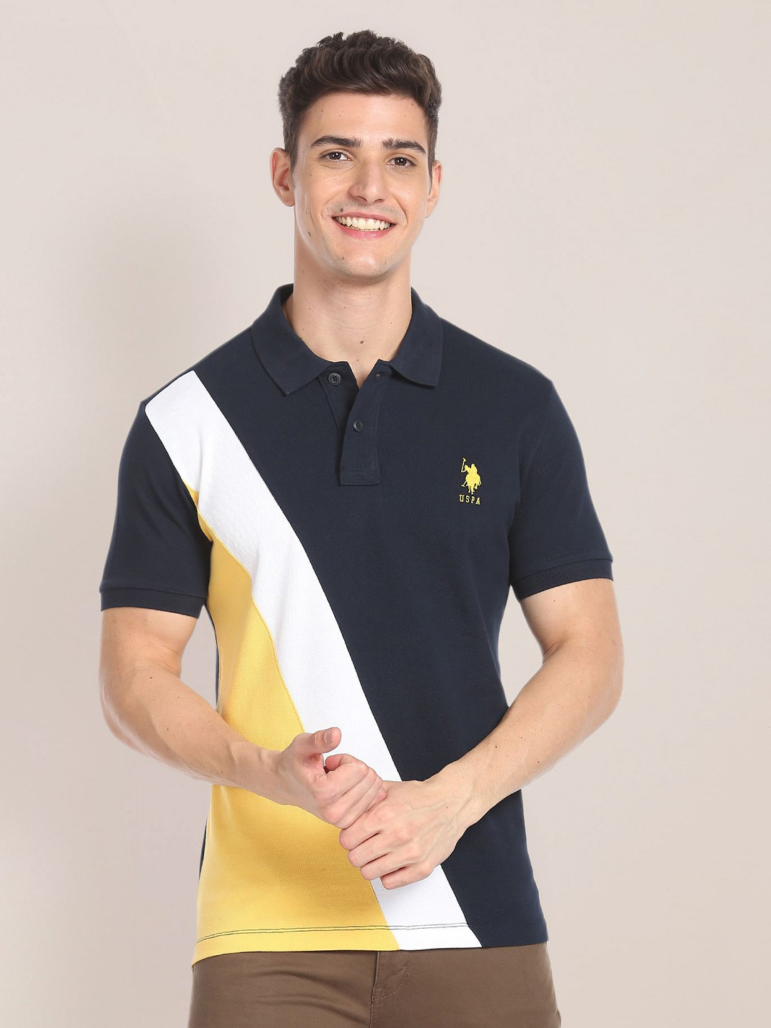 U.S. Polo Assn. Colourblocked Polo Collar Pure Cotton Slim Fit T-shirt