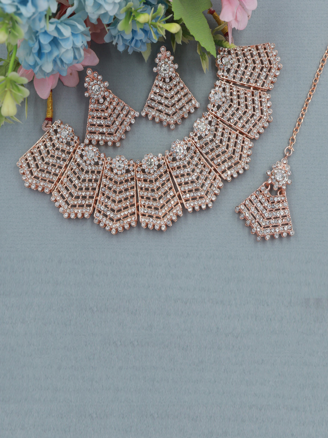 Rhymee Rose Gold-Plated American Diamond-Studded Jewellery Set