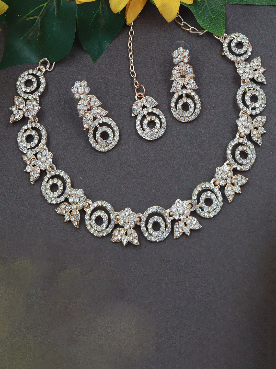 Rhymee Rose Gold-Plated American Diamond Studded Jewellery Set