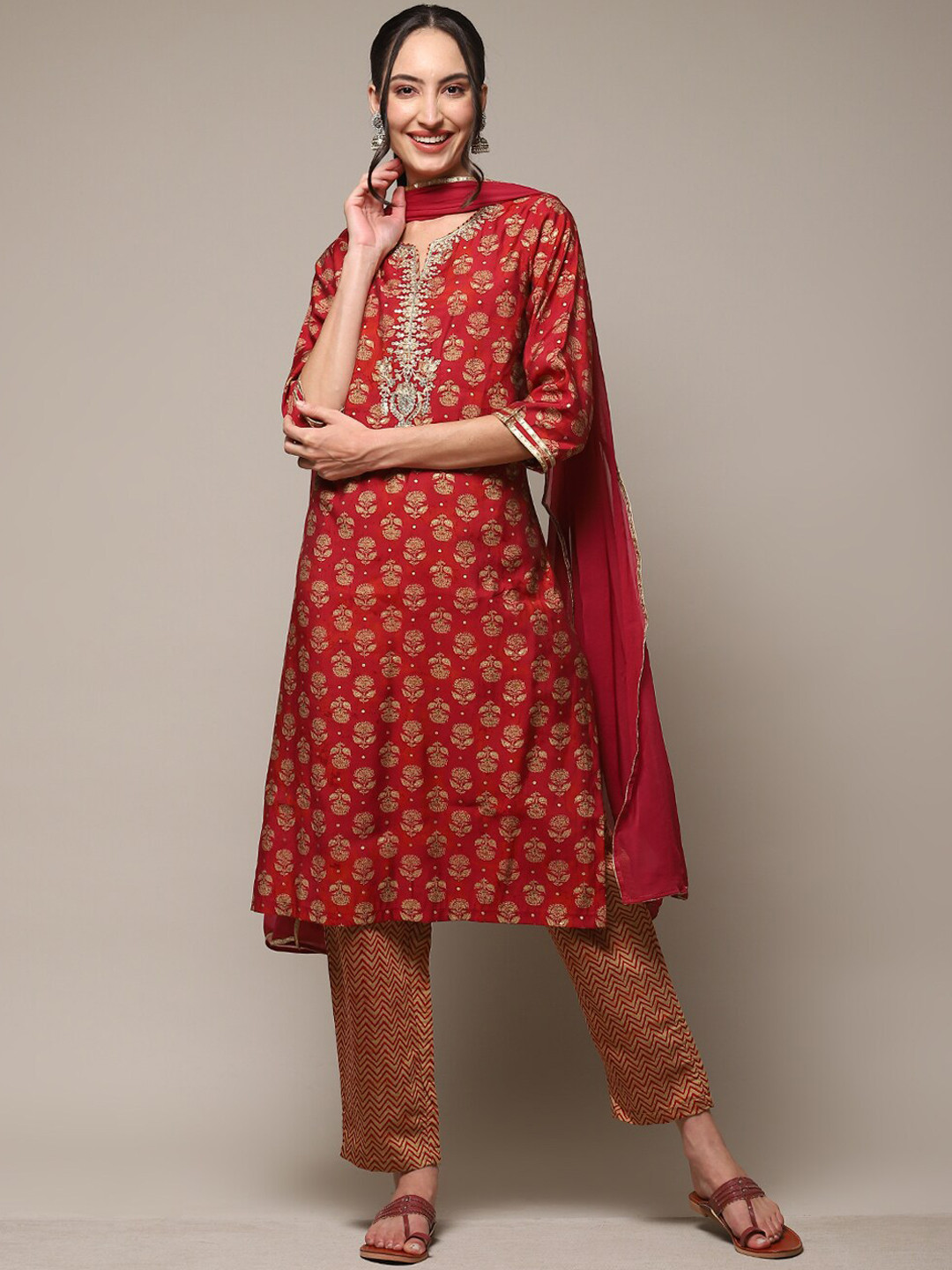 Biba Red And Gold Sequined Straight kurta And Trouser With Dupatta