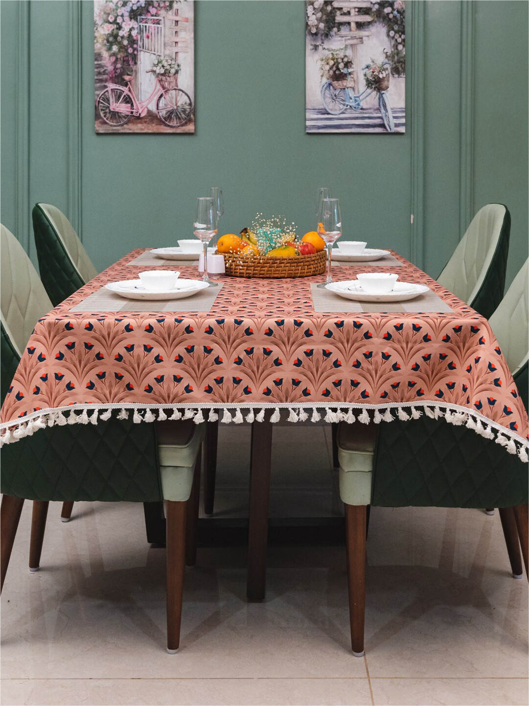 URBAN SPACE Sicilia Brown & Blue Printed 4-Seater Table Cover