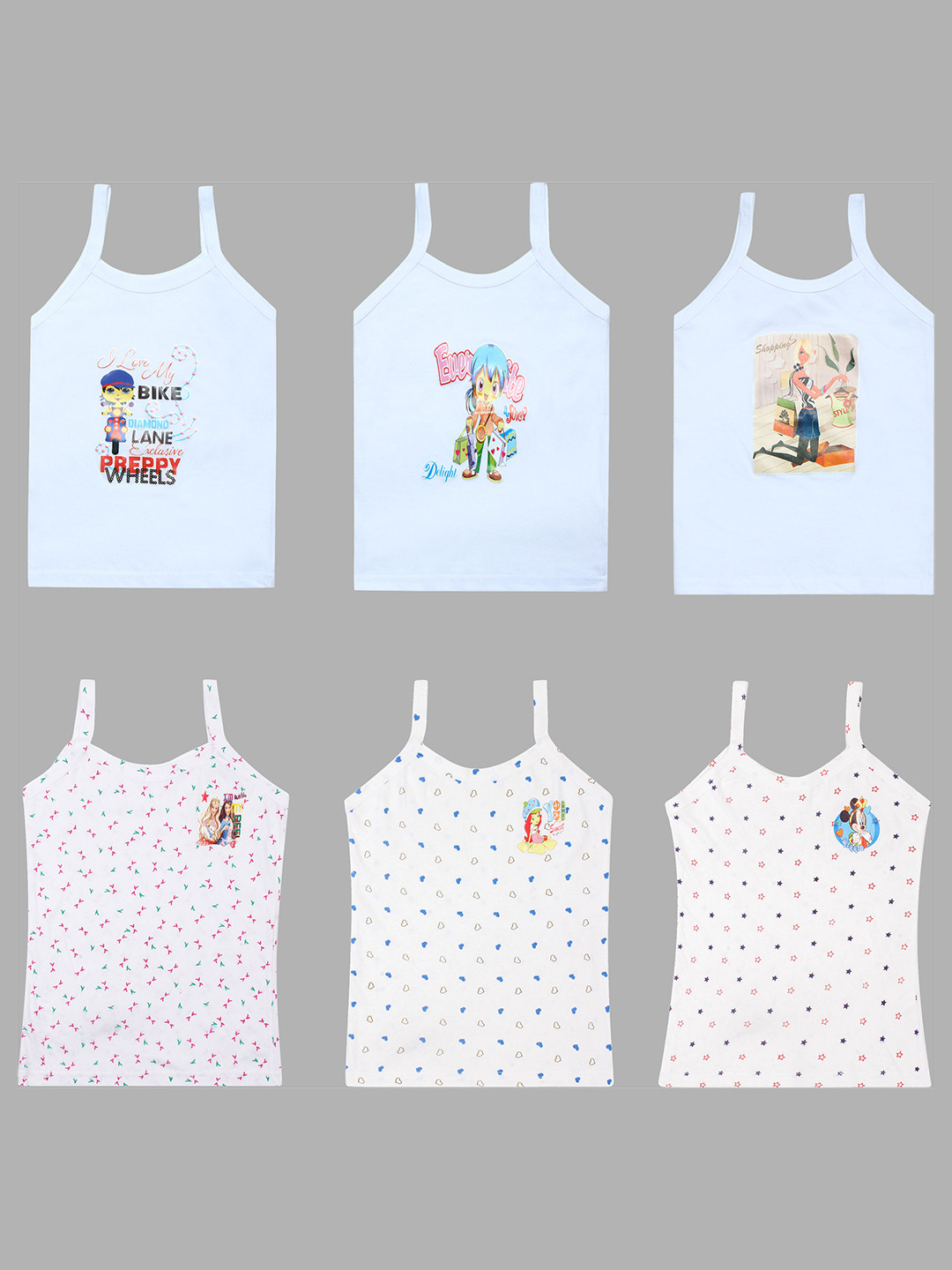 CARELOVE  Infant Girls Pack of 6 Printed Non Padded Pure Cotton Camisoles