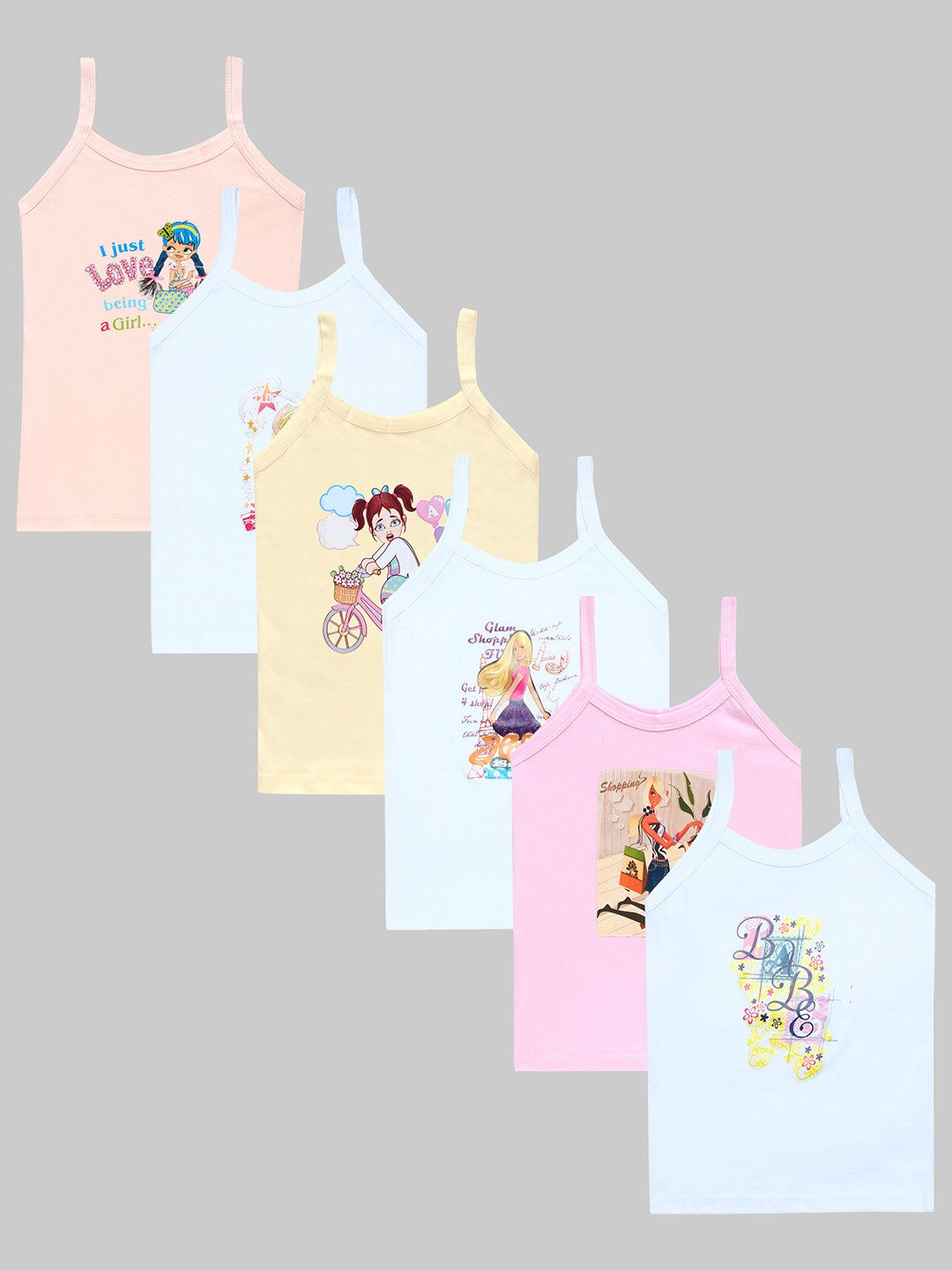 CARELOVE Infant Girls Pack Of 6 Printed Non Padded Pure Cotton Camisoles