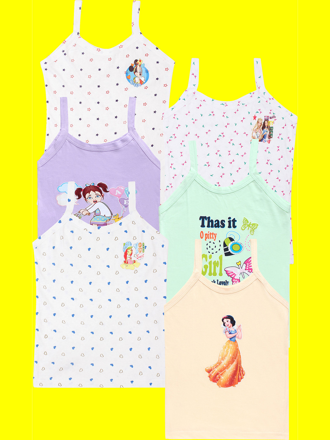 CARELOVE  Girls Pack Of 6 Assorted Cartoon Characters Printed Pure Cotton Camisoles