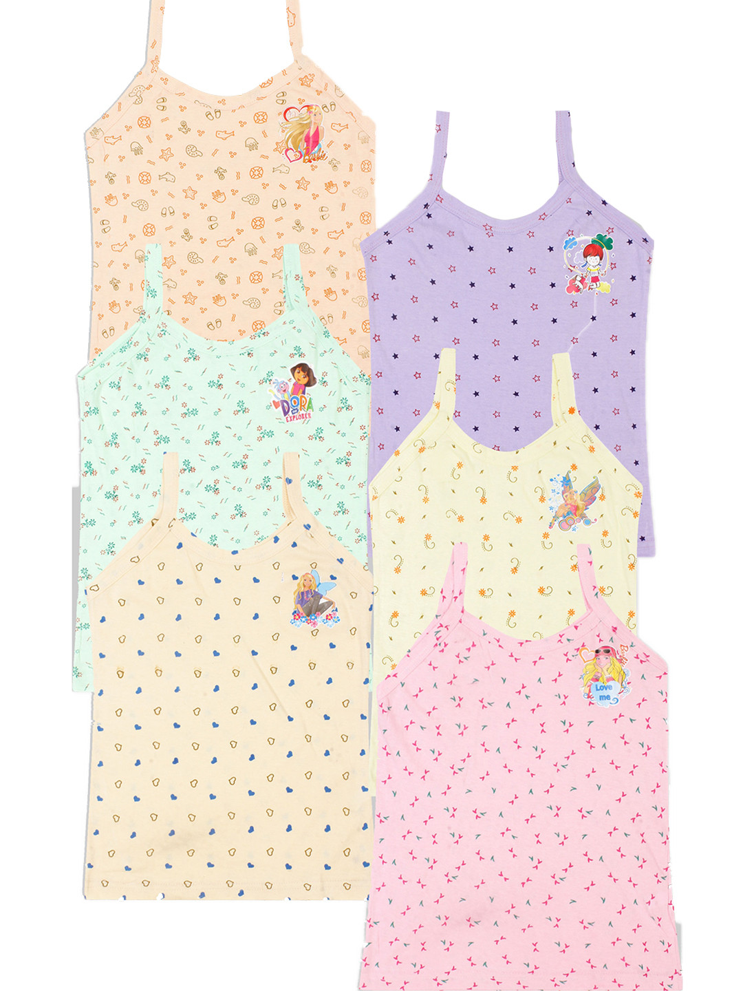 CARELOVE  Girls Pack Of 6 Assorted Cartoon Characters Printed Pure Cotton Camisoles