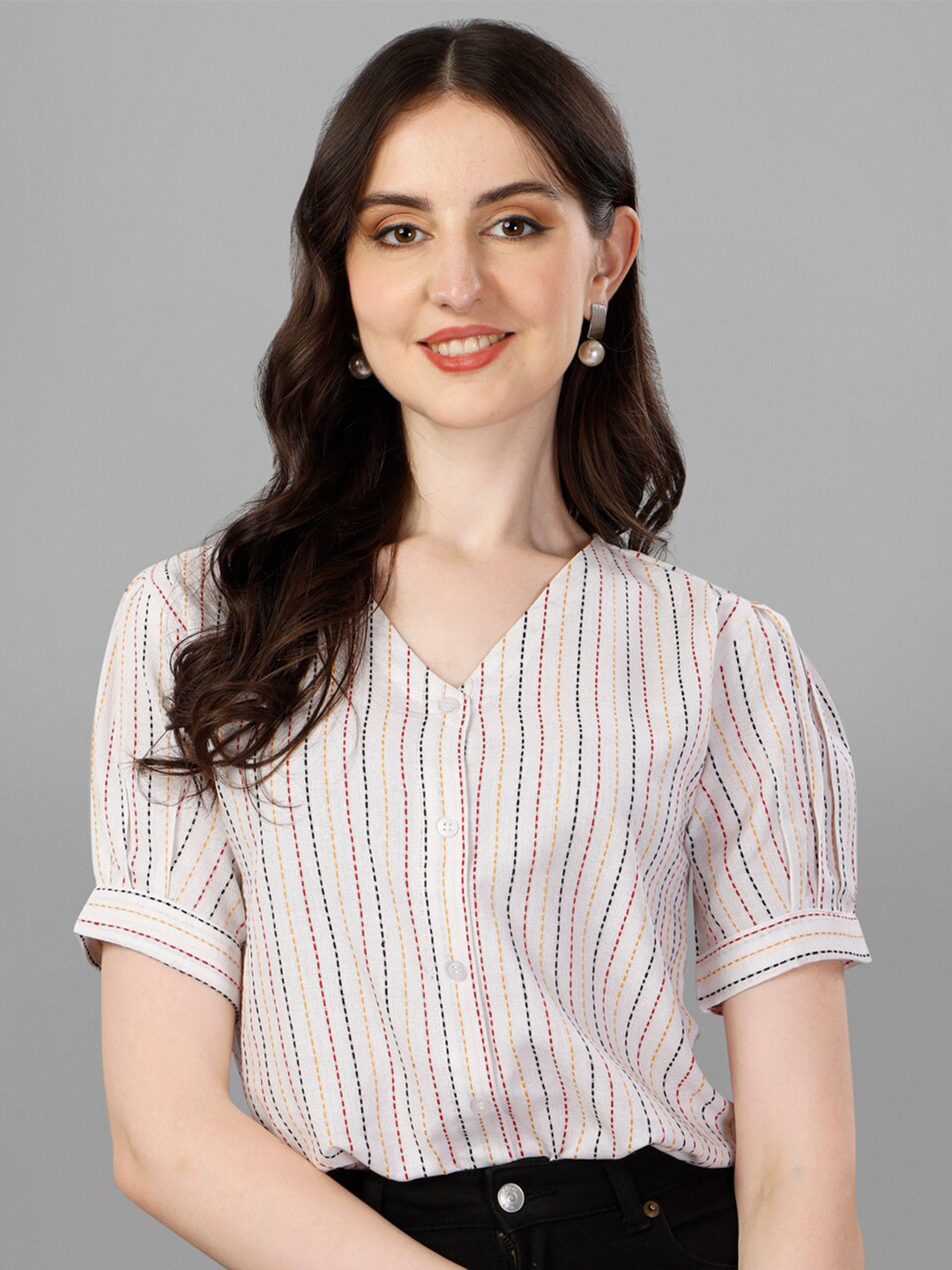 Kinjo Striped Puff Sleeve Shirt Style Cotton Top