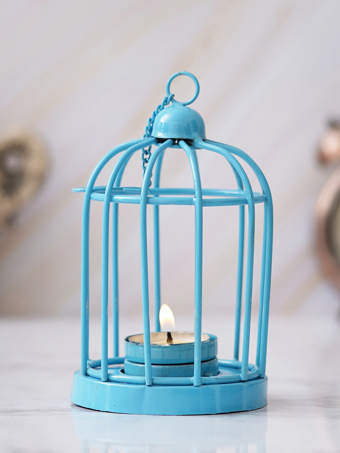 eCraftIndia Blue Iron Cage Shaped Tea Light Candle Holder With Hanging Chain