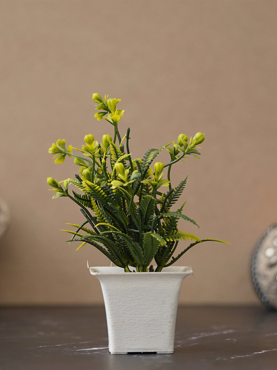 eCraftIndia Green & Yellow Moth Orchid Artificial Plant With Square Pot