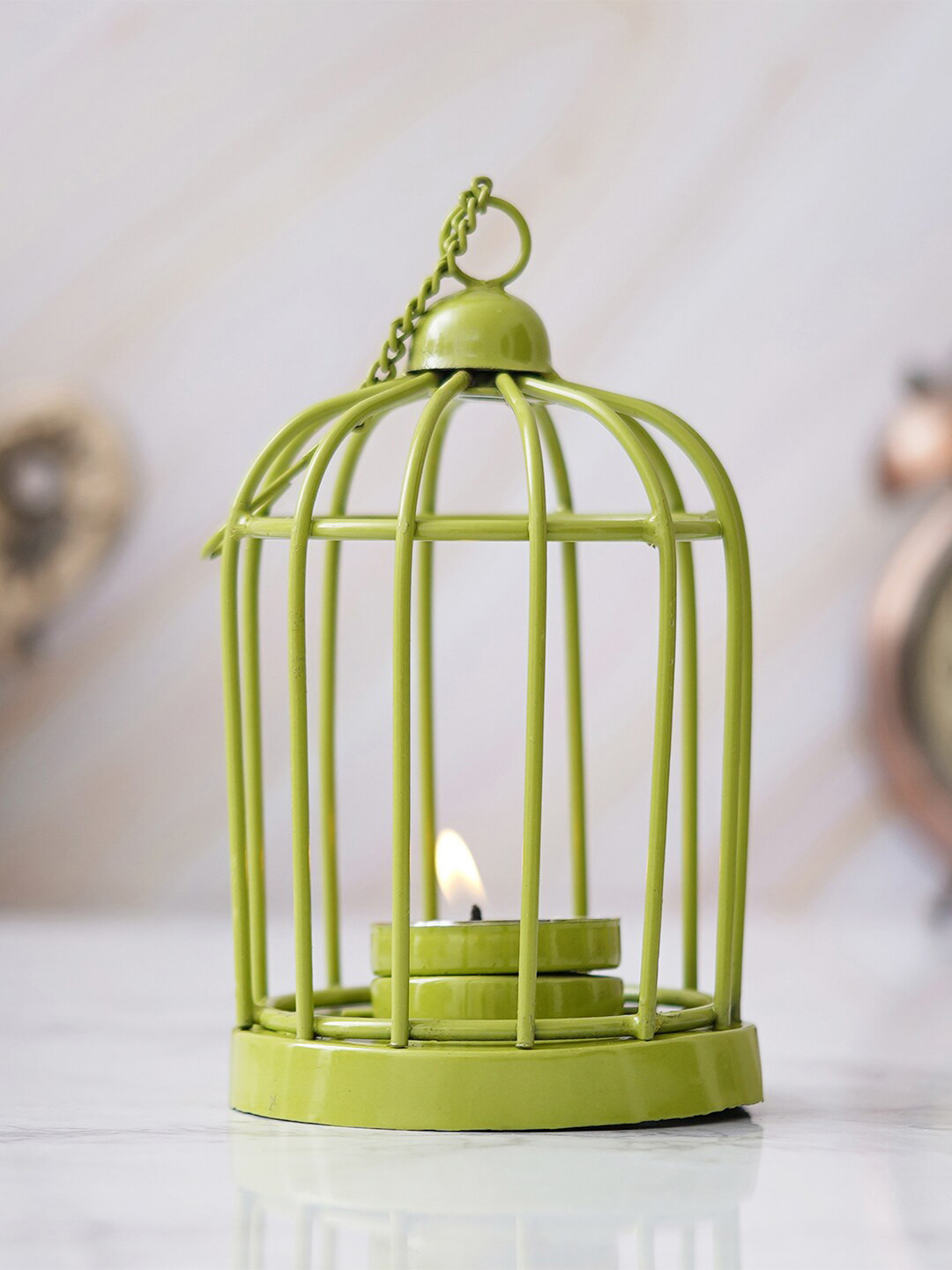eCraftIndia Green Cage Shaped Tea Light Candle Holder With Hanging Chain