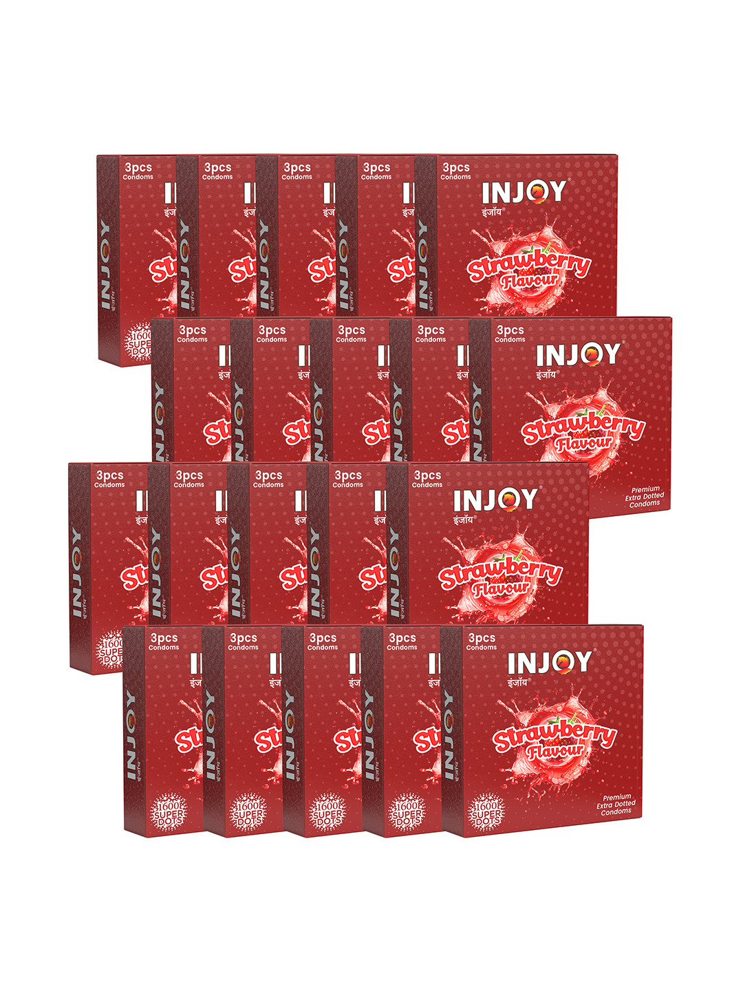 INJOY Set Of 20 Ribbed & Extra Dotted Lubricated Strawberry Flavored Condoms - 3 Pcs Each