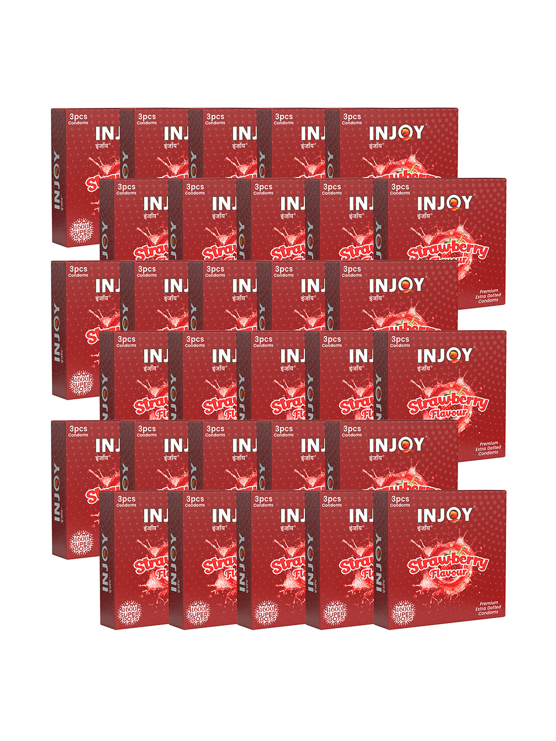 INJOY Set Of 30 Ribbed & Extra Dotted Lubricated Strawberry Flavored Condoms - 3 Pcs Each