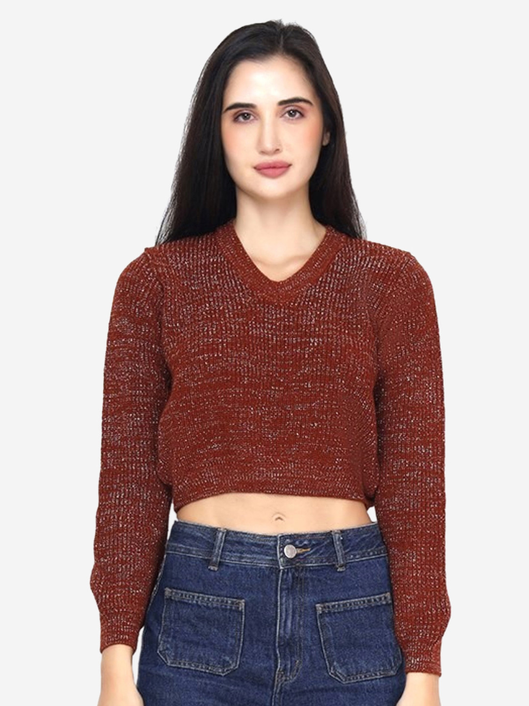 JoE Hazel Self Design  V-Neck Crop Acrylic Crop Pullover