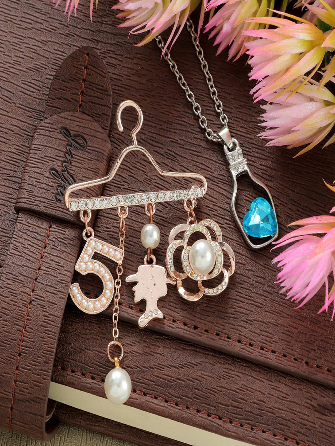 UNIVERSITY TRENDZ Women Crystal & Faux Pearls Dangle Brooch & Crystal Pendant Set