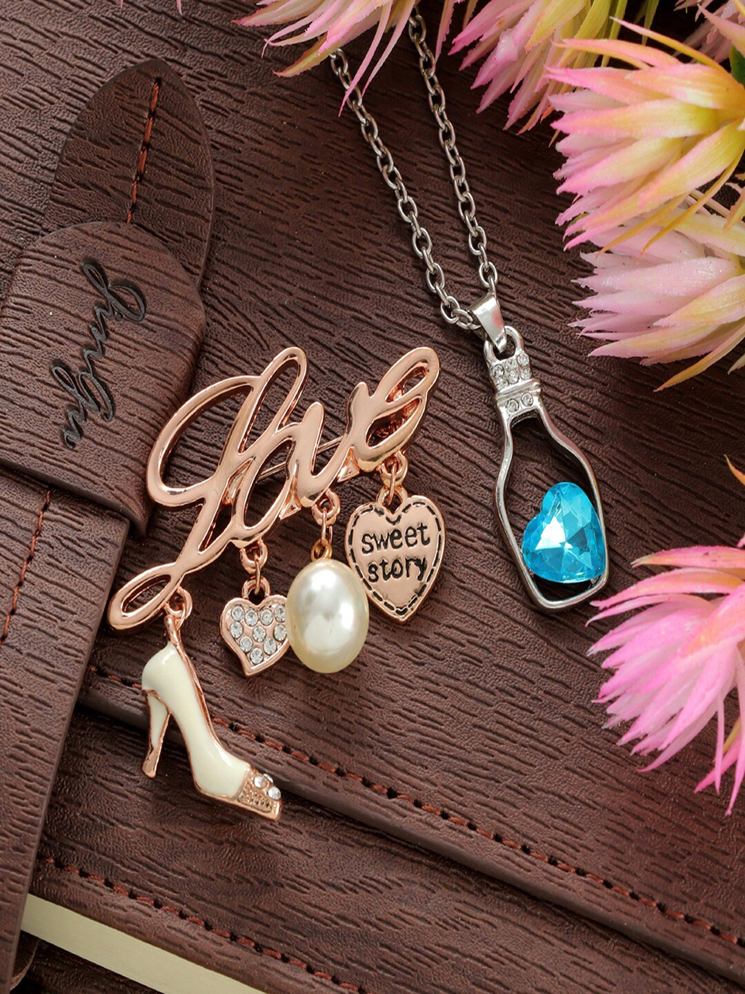 UNIVERSITY TRENDZ Women Crystal-Studded & Pearl-Beaded Brooch & Pendant Necklace Combo Set