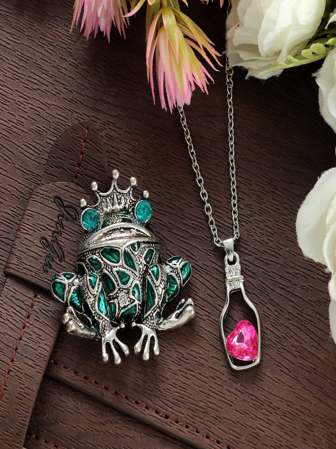 UNIVERSITY TRENDZ Women Crystal Studded Heart Charm Necklace & Brooch Set